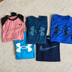 5 boys youth Large long sleeve athletic tees - under armour/ Nike